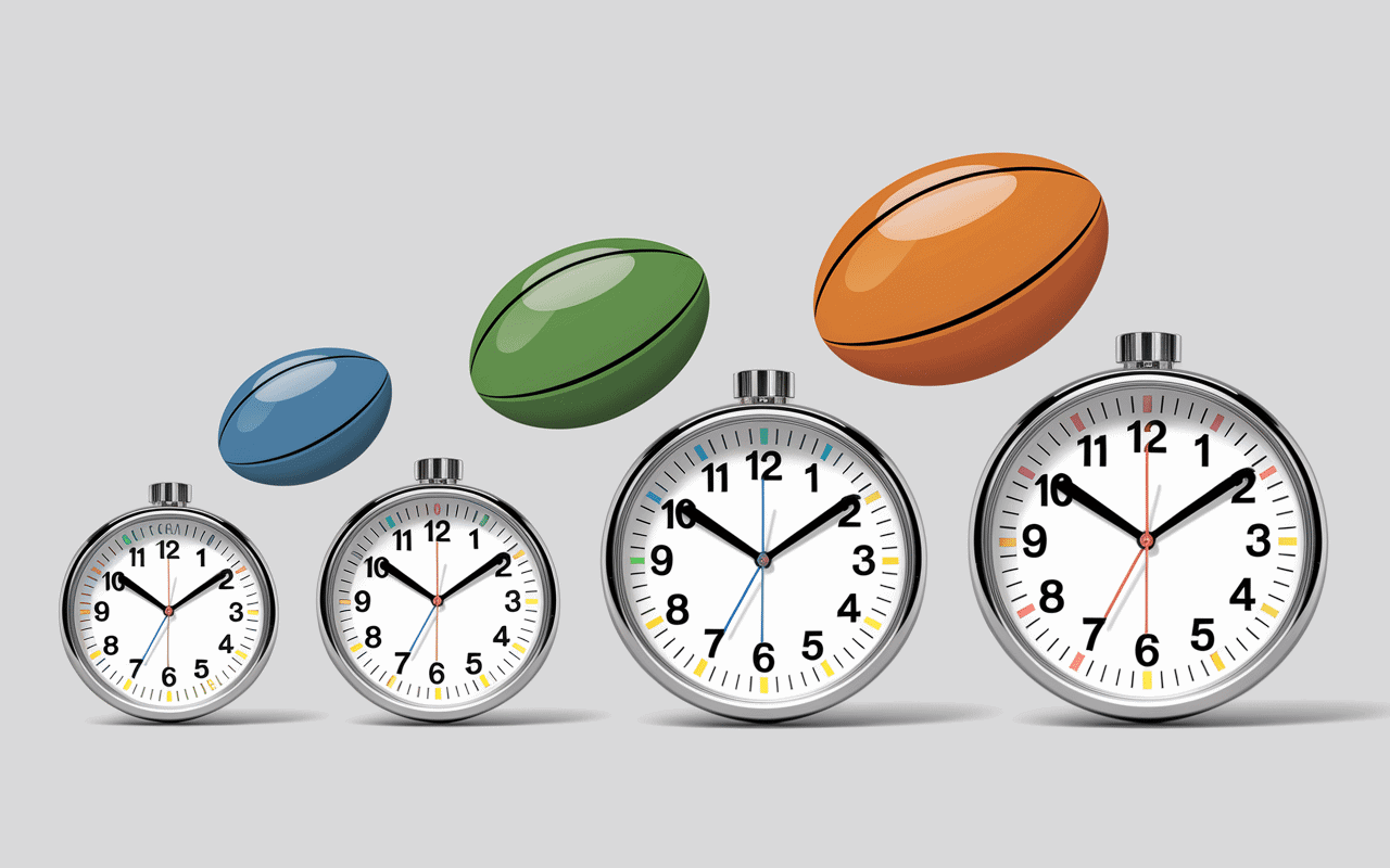plusieurs chronomètres affichant différentes durées avec ballons de rugby