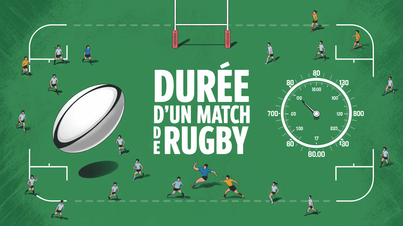 terrain de rugby avec chronomètre affichant 80 minutes et ballon ovale