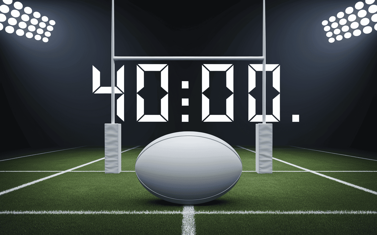 chronomètre digital à 40 minutes avec ballon de rugby sur terrain