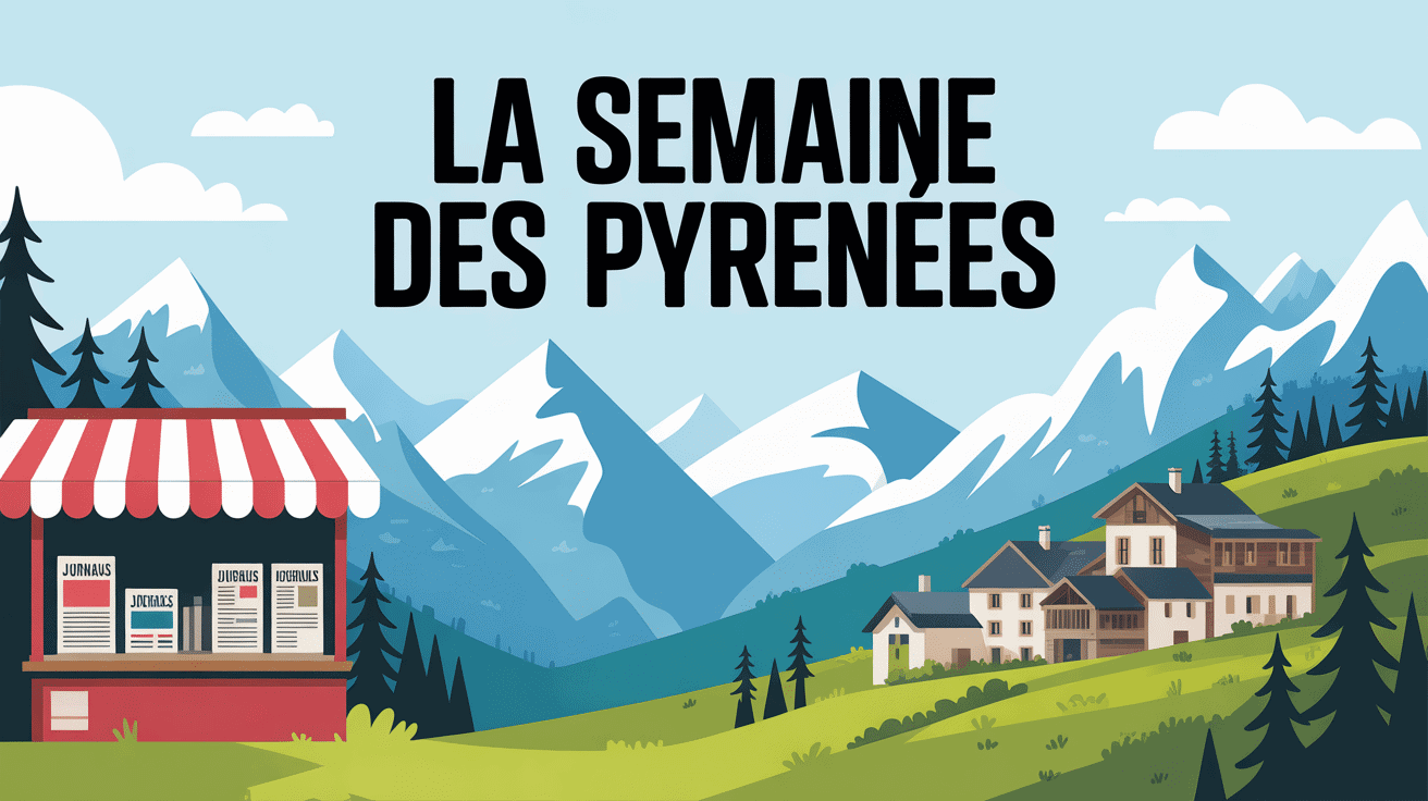 Illustration la semaine des pyrénées paysage montagneux et kiosque a journaux