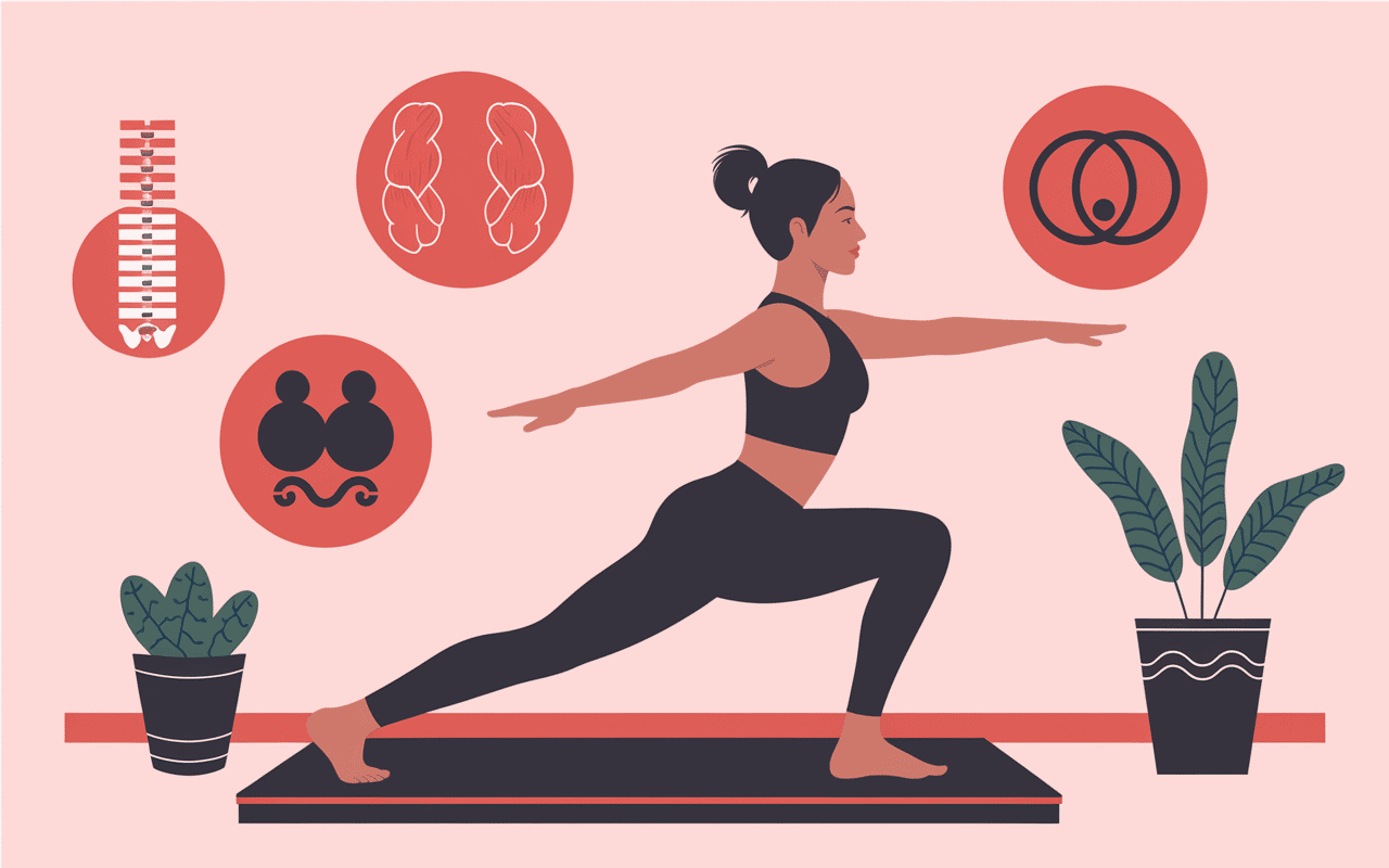 Silhouette femme pilates au mur avec icônes bienfaits