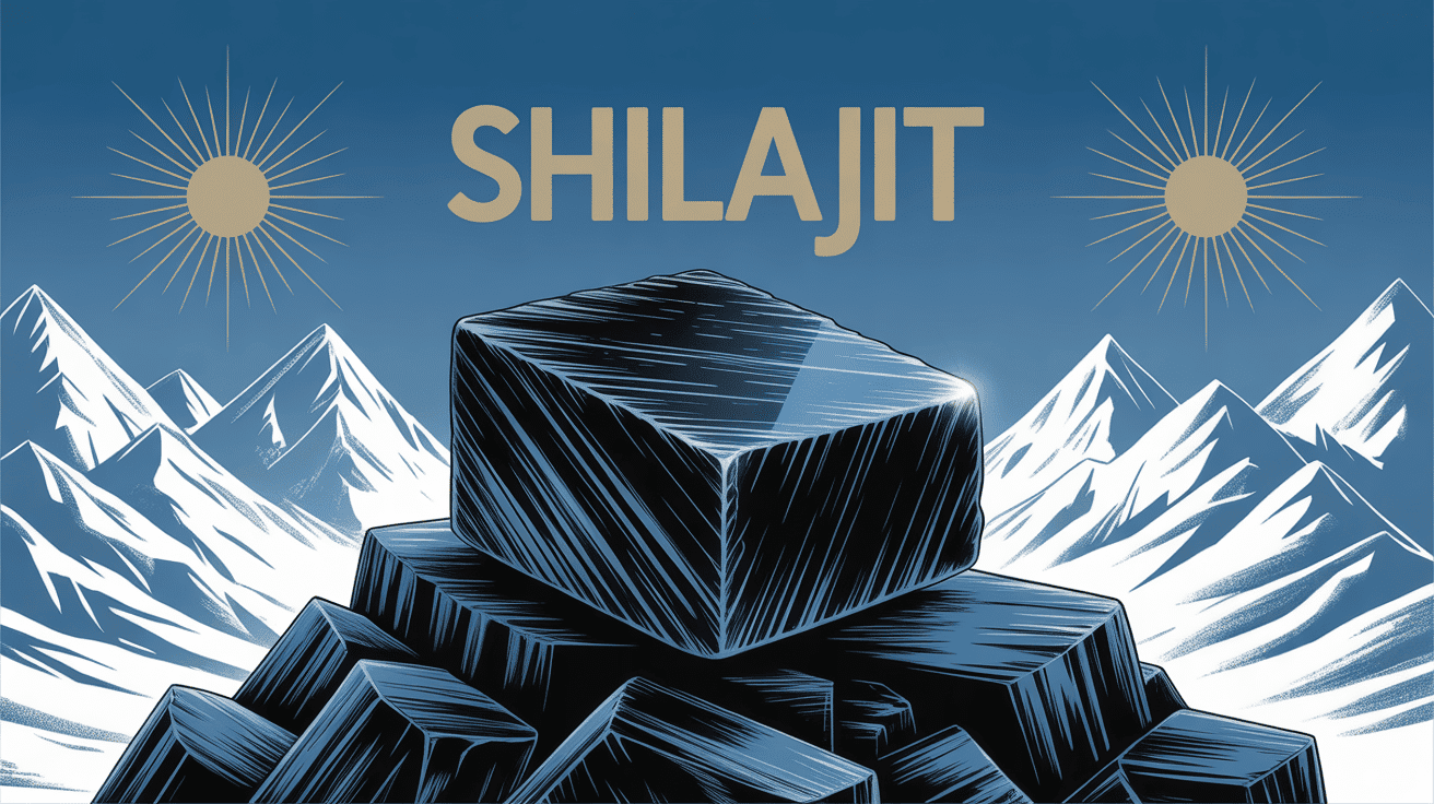 résine shilajit noire brillante sur roche montagneuse