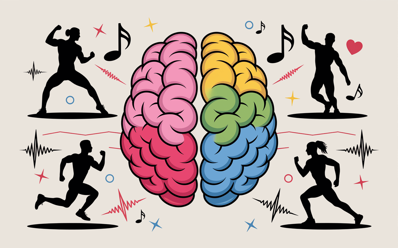 faire du sport en musique illustration cerveau connecté ondes musiciens