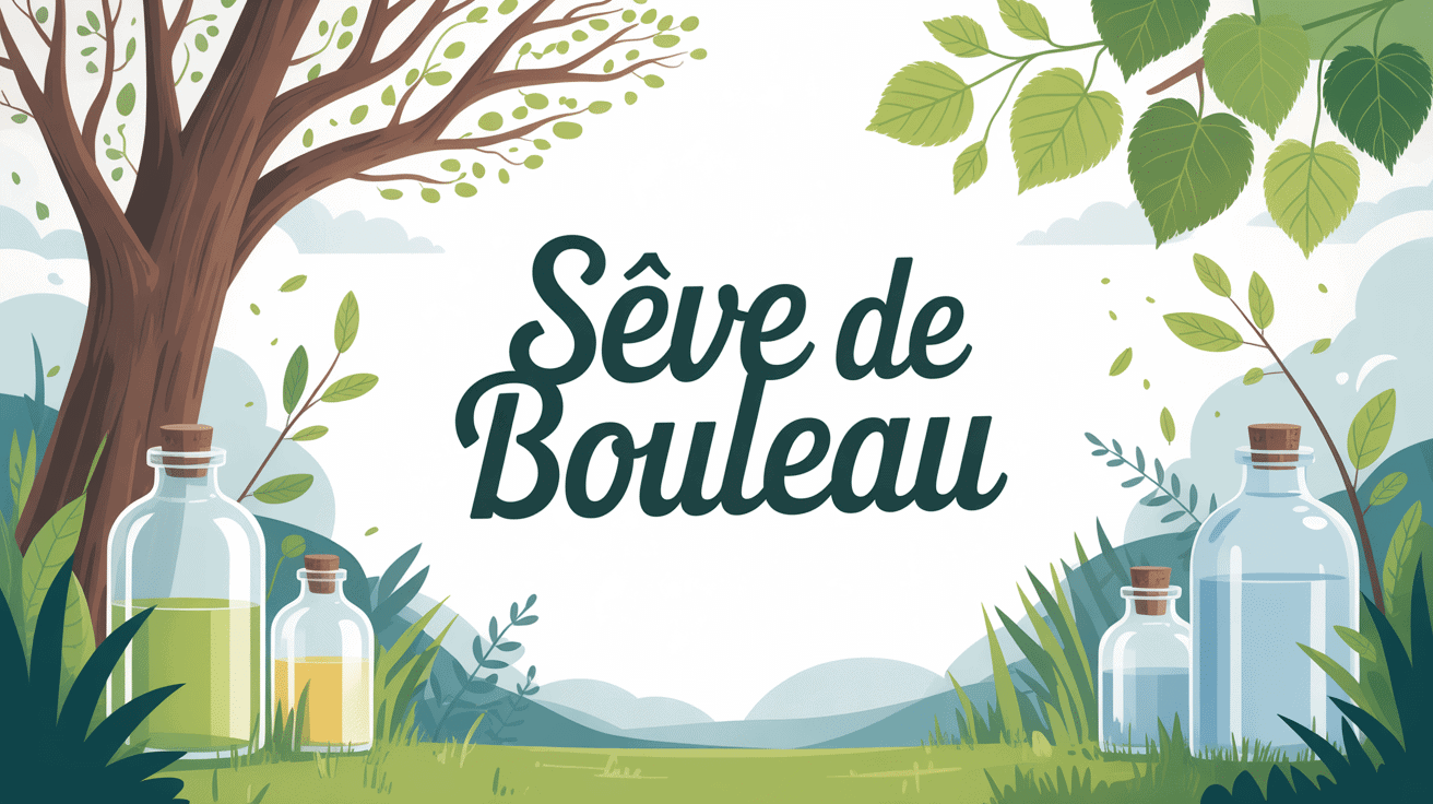 illustration des bienfaits de la seve de bouleau avec arbre et flacons