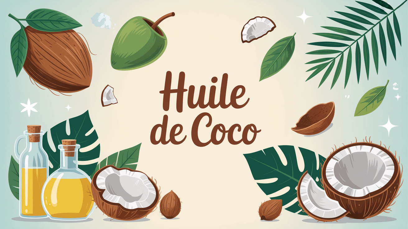 Illustration bienfait huile de coco soins et cuisine