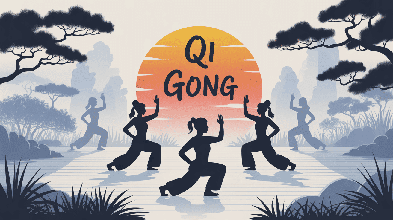 pratique du chi kung qi gong au lever du soleil dans un jardin asiatique stylisé