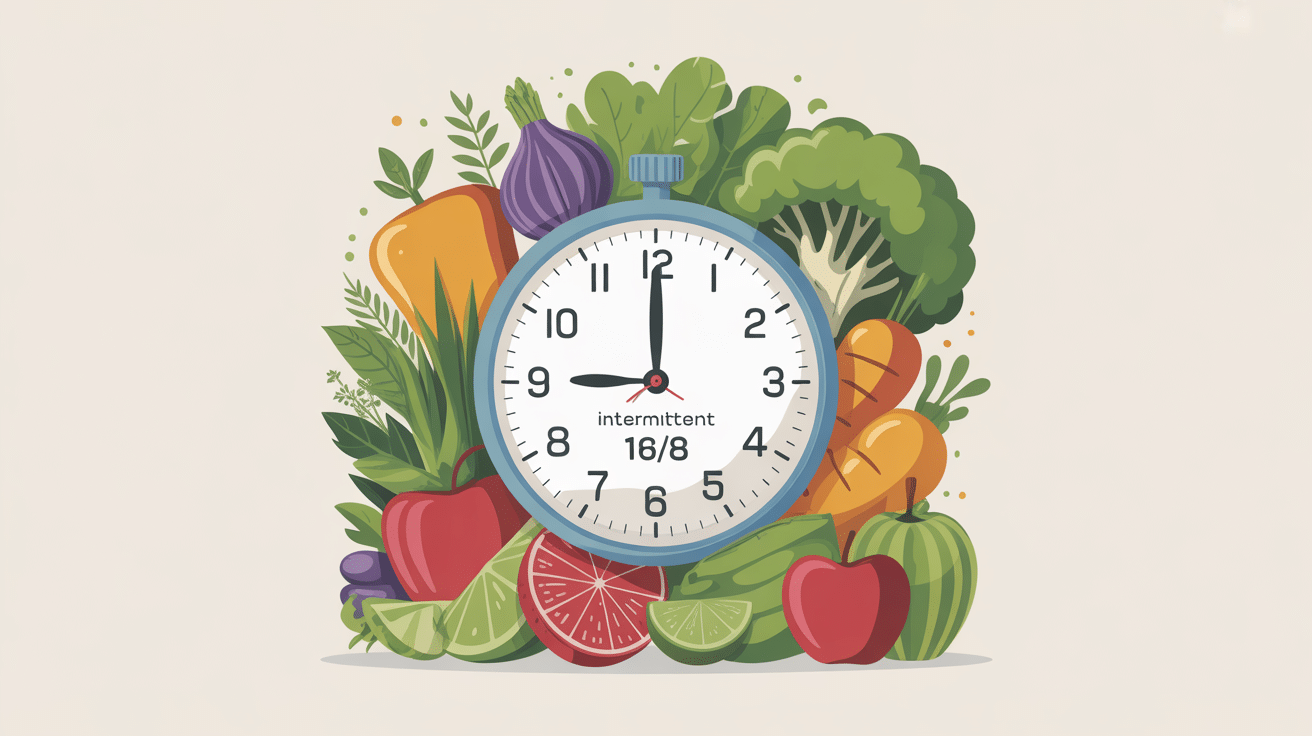 jeûne intermittent 16 8 combien de kilos perdus illustration horloge et aliments sains