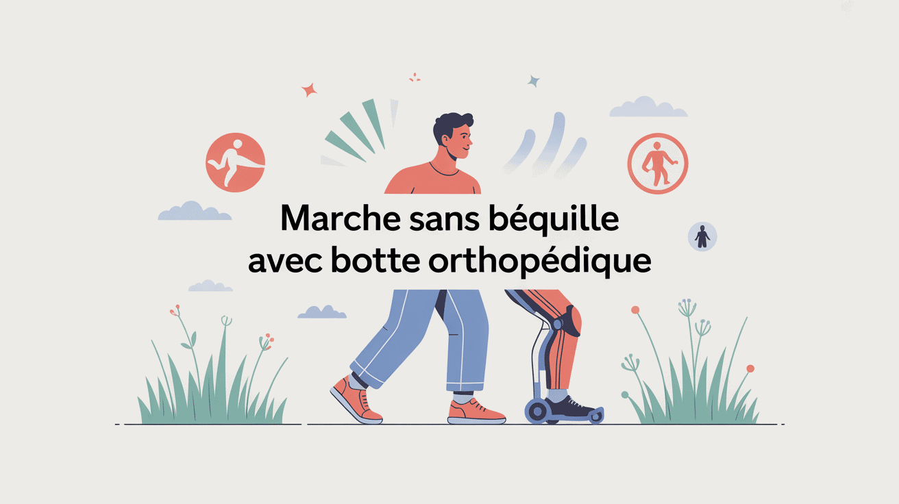 illustration marche sans béquille avec une botte de marche orthopédique