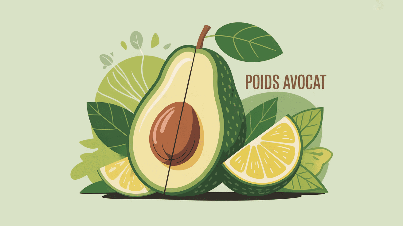 poids avocat, illustration stylisée avec portion et ambiance équilibrée