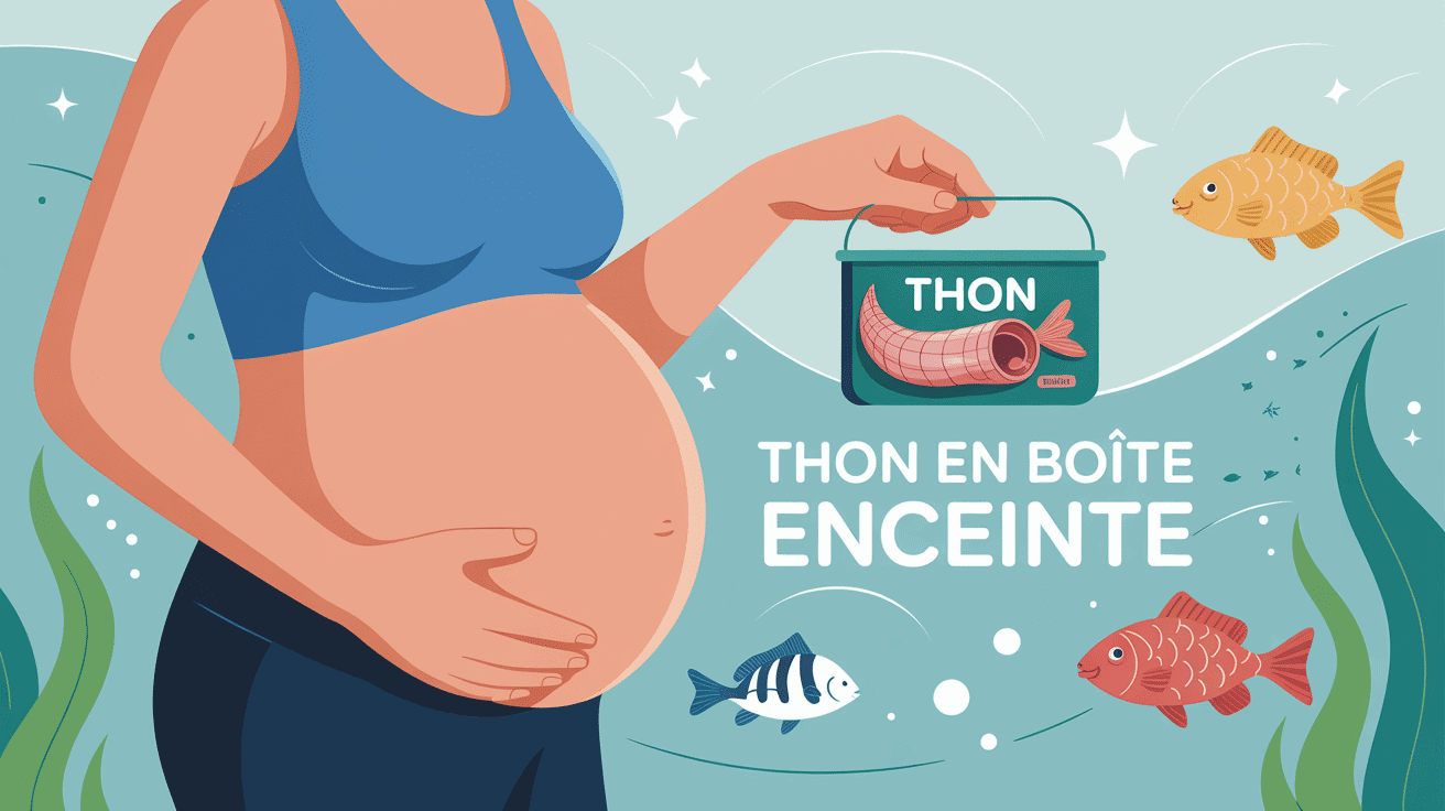Femme enceinte tenant thon en boîte, illustration thon en boite enceinte