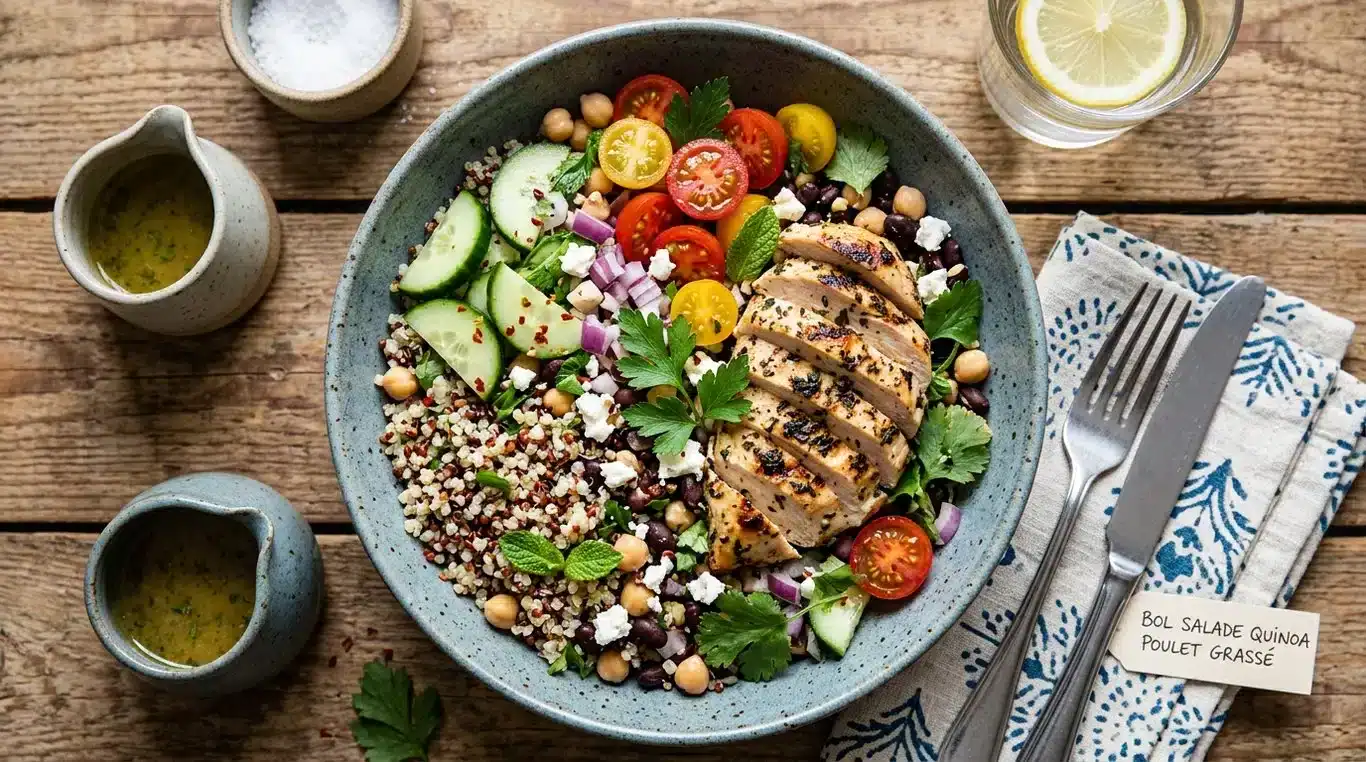 Salade de quinoa au poulet et légumes frais pour un repas équilibré