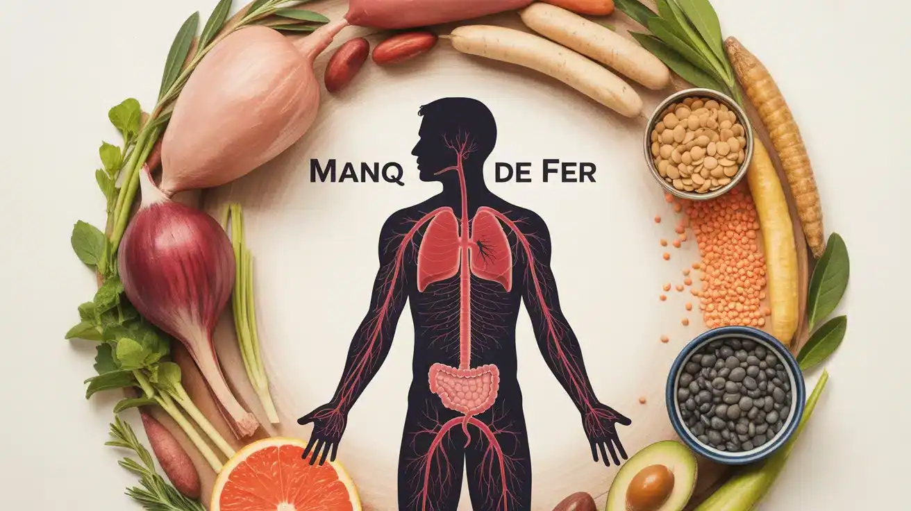 illustration vectorielle du manque de fer avec silhouette et aliments riches en fer