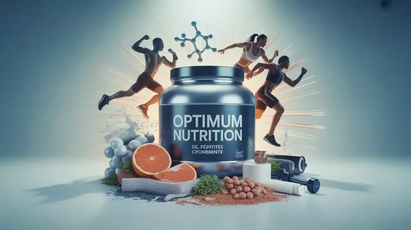 Pot de protéine Optimum Nutrition avec athlètes et molécules