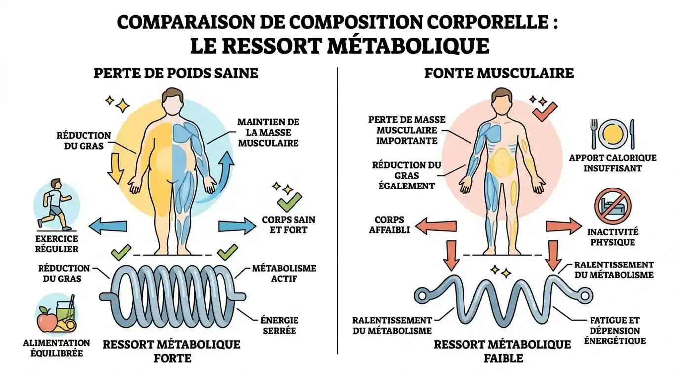 Infographie illustrant la différence entre une perte de poids saine et la fonte musculaire, avec le concept du ressort métabolique.