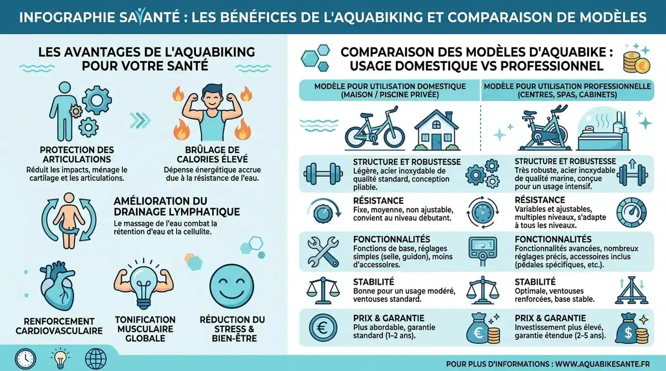 Infographie récapitulative des bienfaits de l'aquabike et comparatif des modèles de vélos de piscine