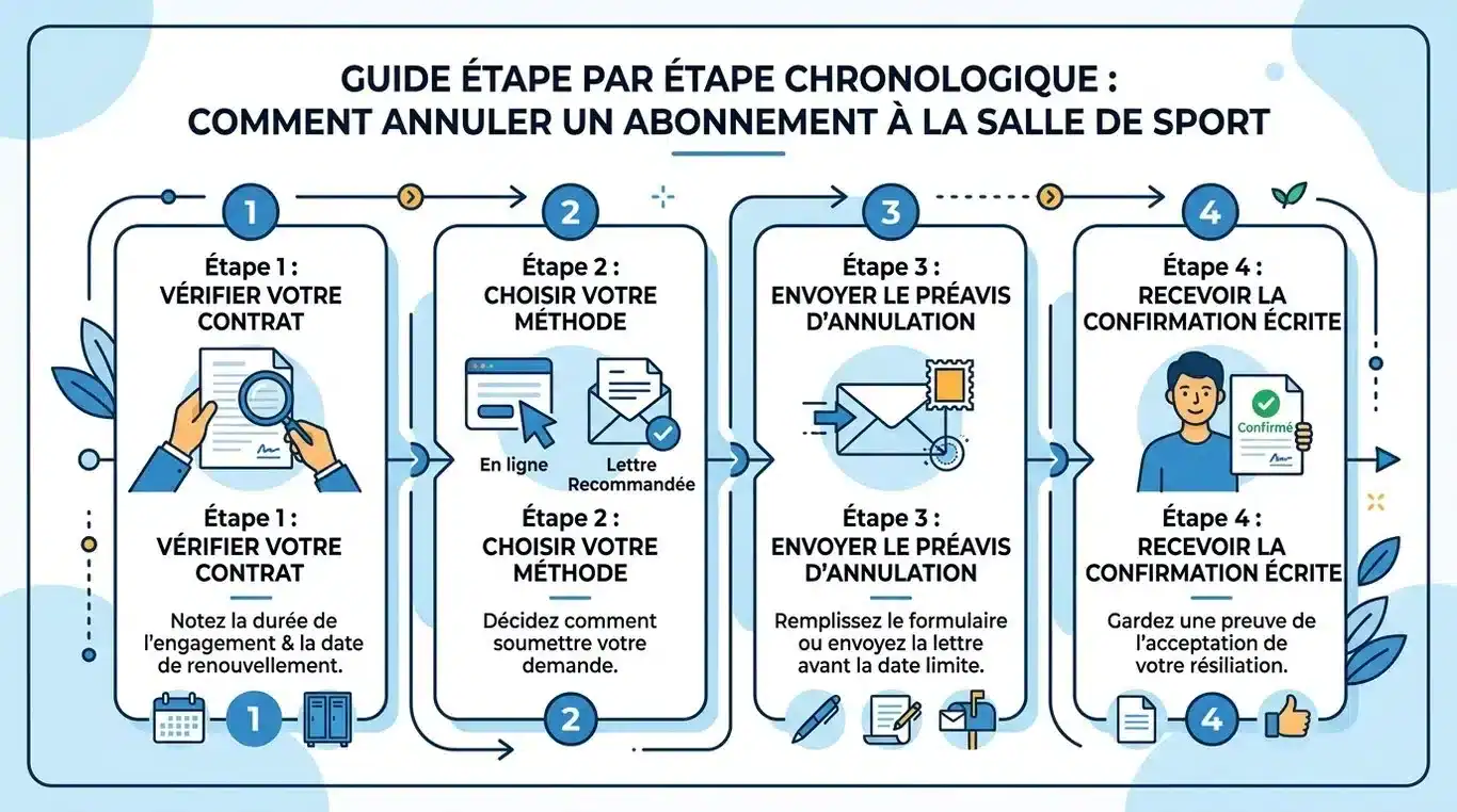 Infographie des étapes de résiliation d'un abonnement Fitness Park