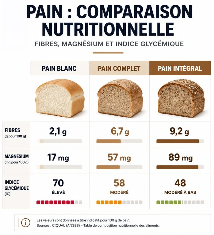 Infographie comparative des bienfaits nutritionnels du pain complet et des différents types de pains