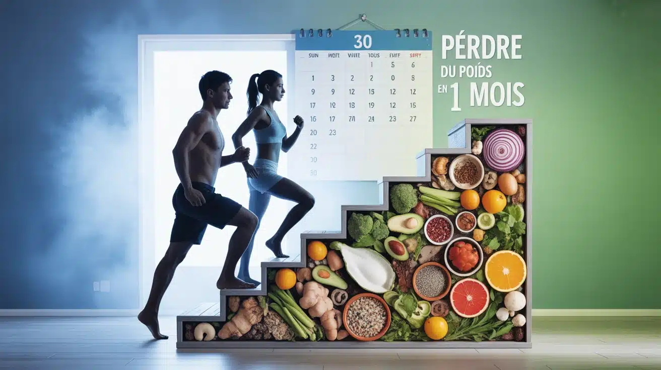 Perdre du poids en 1 mois, silhouettes montant escalier aliments sains