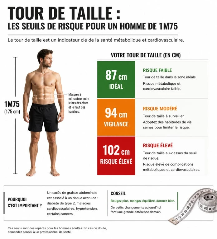 Infographie des seuils de tour de taille pour un homme de 1m75 et risques santé