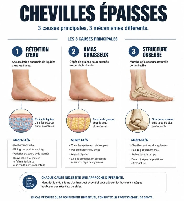 Infographie explicative sur les causes des chevilles épaisses et comment affiner ses chevilles