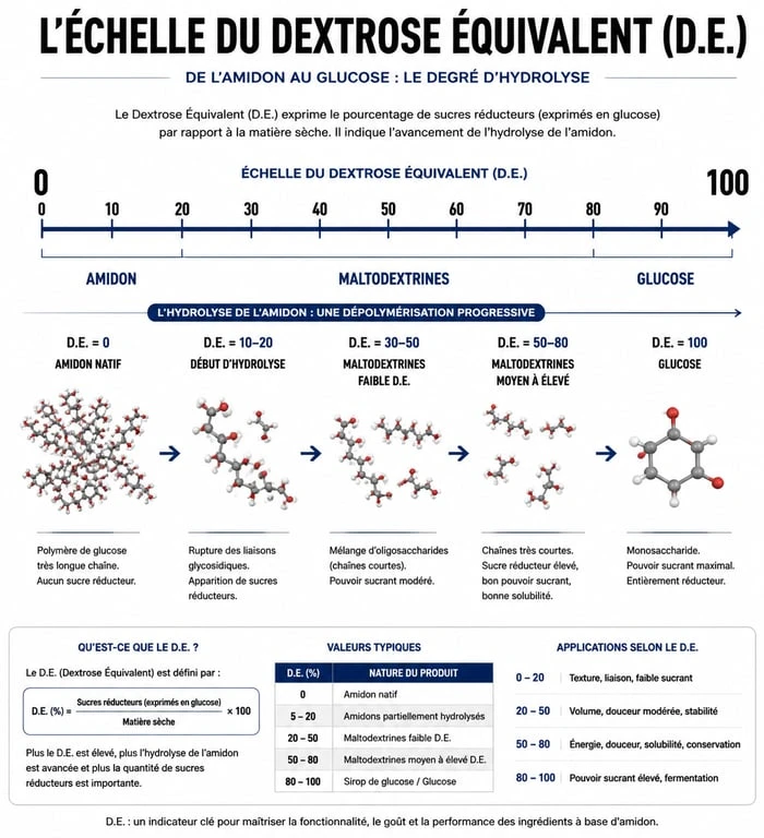 Infographie expliquant le Dextrose Équivalent (D.E.) et la fabrication de la maltodextrine par hydrolyse de l'amidon.