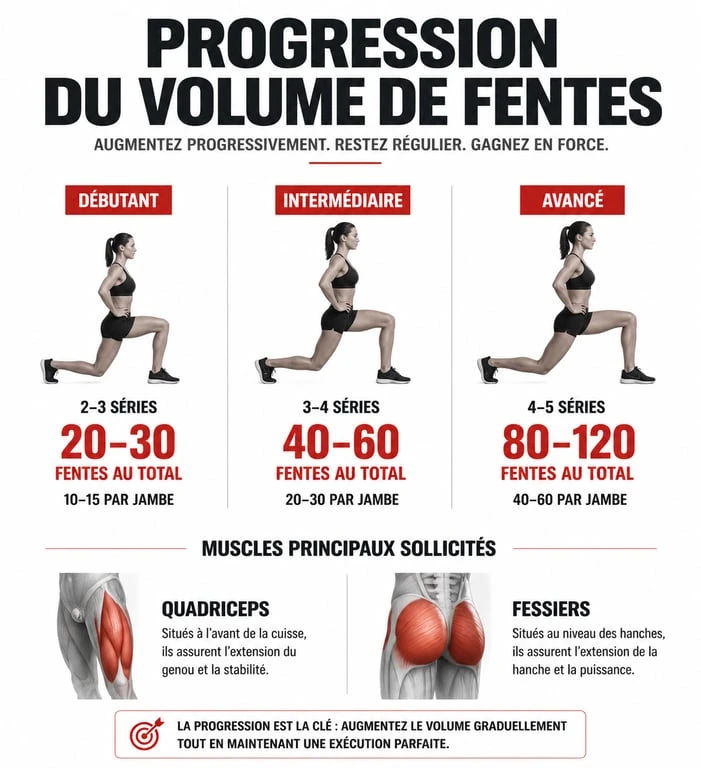 Infographie sur le nombre de fentes par jour et par niveau pour le renforcement musculaire