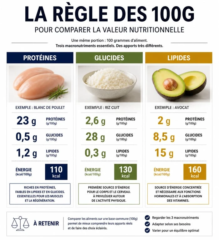 Infographie expliquant la règle des 100g dans le tableau des aliments pour comparer les valeurs nutritionnelles