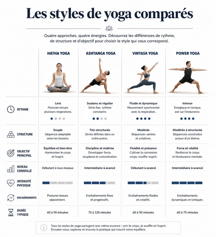 Tableau comparatif des styles de yoga : Hatha, Ashtanga, Vinyasa et Power Yoga