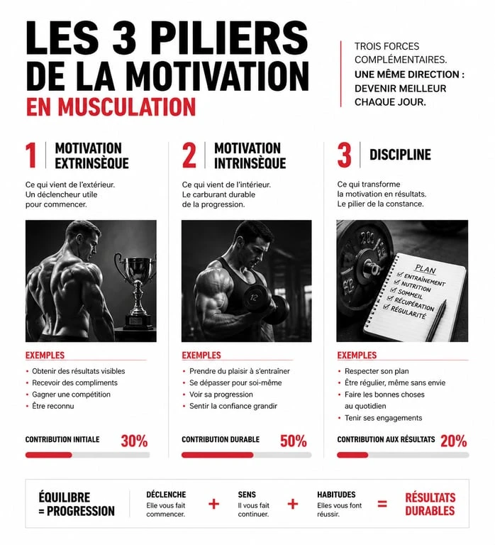 Infographie sur les piliers de la motivation musculation : discipline et objectifs