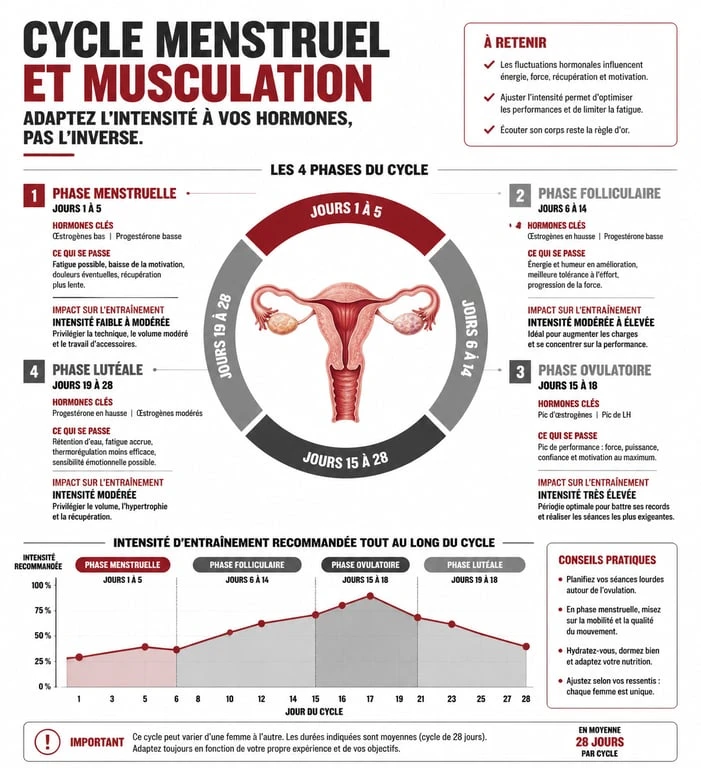 Infographie cycle menstruel et entraînement musculation femme