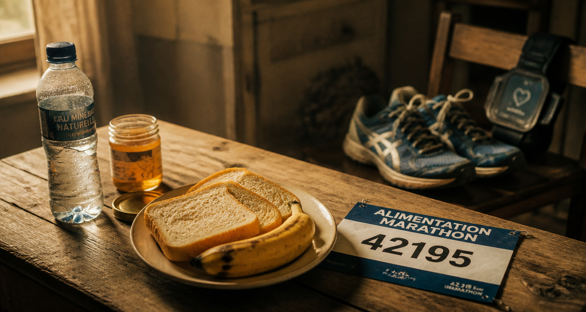 Petit-déjeuner alimentation pour un marathon avec pain banane et dossard