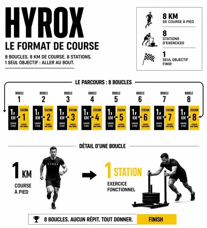 Infographie du format de compétition Hyrox : 8 kilomètres de course et 8 stations d'exercices fonctionnels
