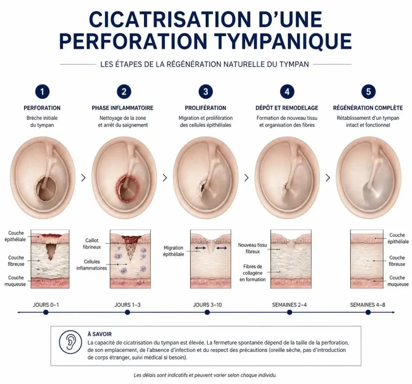 Schéma illustrant les étapes de la récupération audition après tympan percé et cicatrisation naturelle