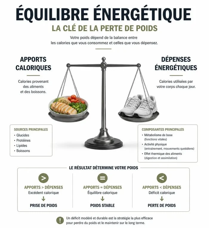 Infographie sur l'équilibre énergétique et le déficit calorique pour la meilleure application pour maigrir gratuite
