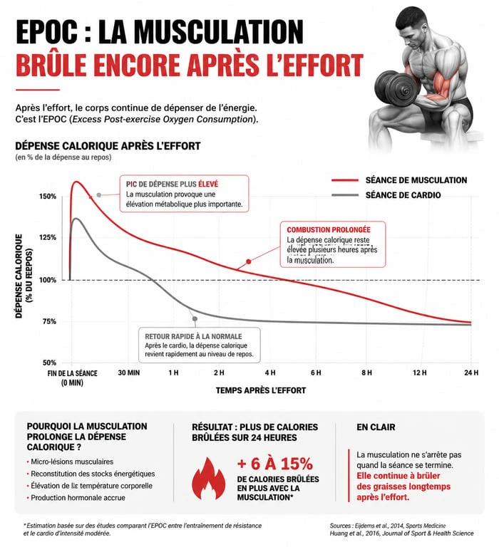 Infographie comparant la dépense calorique et l'effet EPOC entre musculation et cardio pour maigrir
