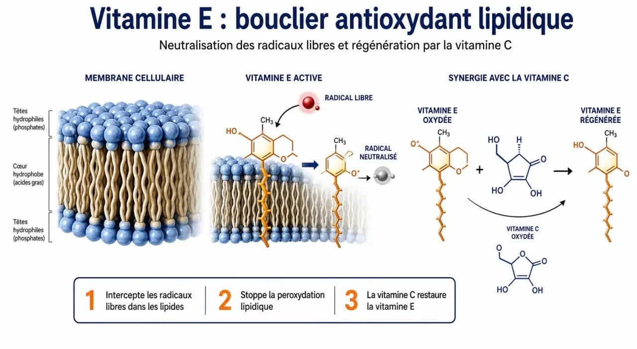 Infographie expliquant à quoi sert la vitamine E et son rôle antioxydant