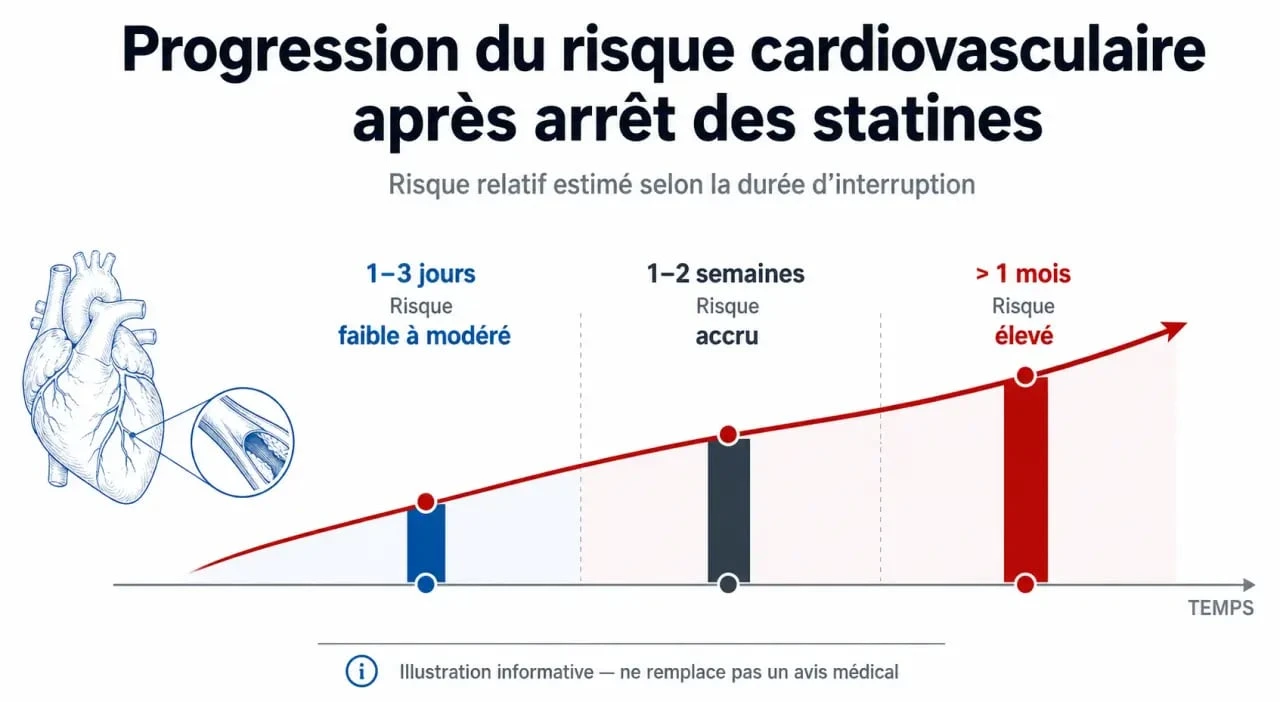 Infographie des risques cardiovasculaires liés à l'arrêt des statines selon la durée de l'interruption