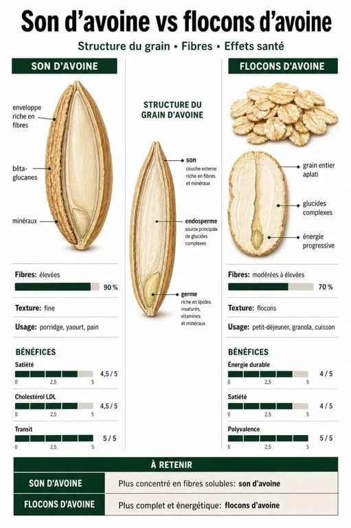 Infographie comparative des bienfaits nutritionnels et différences entre le son d'avoine et les flocons d'avoine