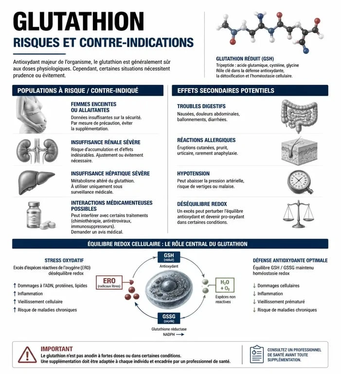 Infographie sur les risques et contre-indications du glutathion pour la santé