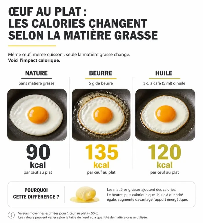 Tableau comparatif des calories d'un œuf au plat selon le mode de cuisson et la matière grasse