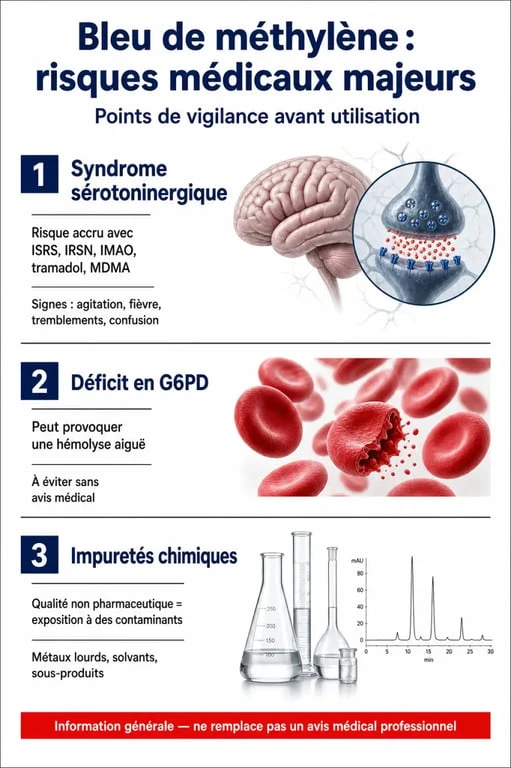Infographie des risques sanitaires liés au bleu de méthylène interdit en pharmacie