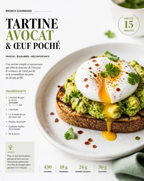 Idée de recette avec quoi manger le guacamole : toast au guacamole et œuf poché pour un brunch sain.