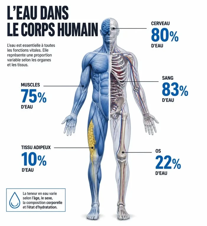 Infographie du pourcentage d'eau dans le corps humain par organe