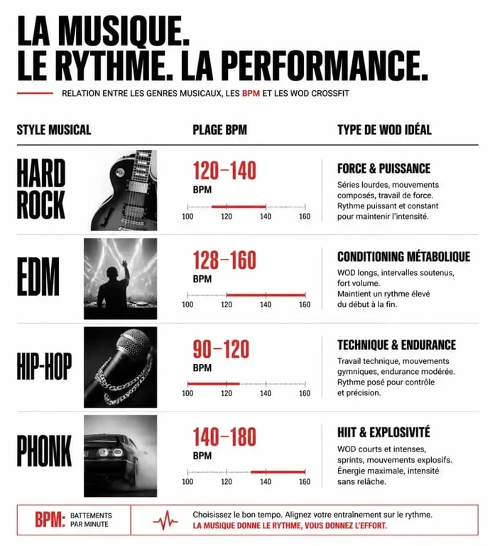 Infographie sur le choix de la musique pour le CrossFit selon le BPM et le type de WOD
