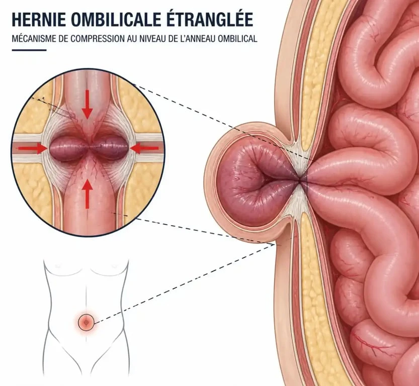 Schéma explicatif du mécanisme d'étranglement d'une hernie ombilicale