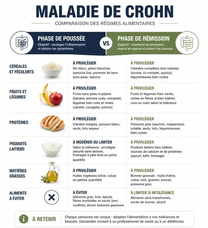 Infographie comparative des aliments à éviter et privilégier en cas de maladie de Crohn selon la phase de la maladie