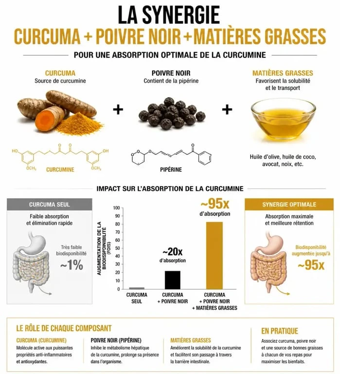 Infographie sur l'absorption optimale du curcuma avec poivre et matières grasses pour maximiser les bienfaits
