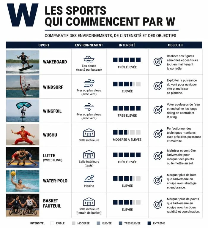 Infographie comparative des sports commençant par la lettre W : Wakeboard, Windsurf, Wushu, Lutte, Water-polo et Basket fauteuil.