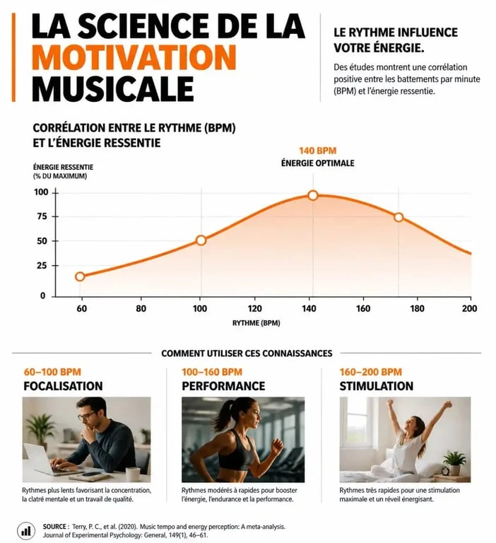 Infographie sur la science de la chanson qui motive et l'impact du rythme sur la motivation