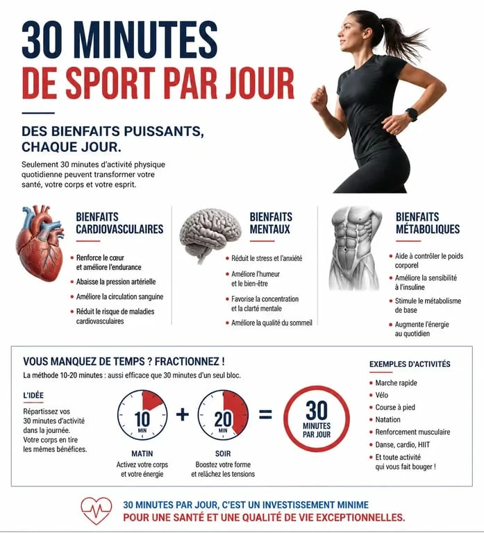 Infographie des bienfaits de 30 minutes de sport par jour pour la santé